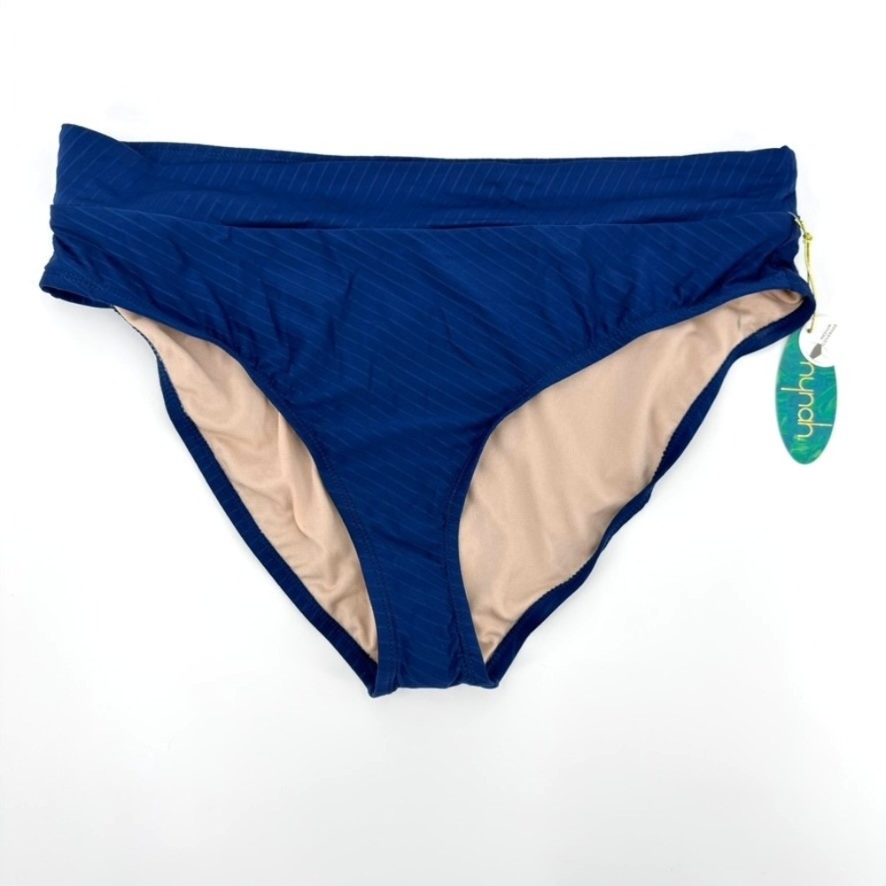 Mynah Womens High Rise Banded Bikini Bottoms Blue Depths Diagonal Stripe XL NWT